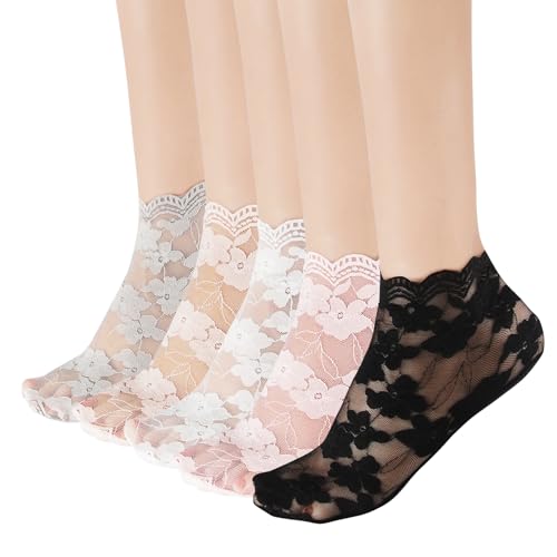 5 Pairs Black Lace Socks, Lace Socks Women, Women‘s Ankle Ruffle Frilly Sock Summer Sexy Girls Thin Fashion Sexy Transparent Black White Skin Color Grey