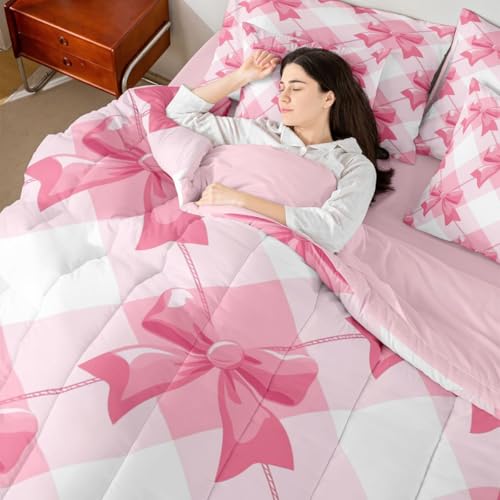 Image of Pink Bow Bed in a Bag King Size Comforter Set 7-Piece | Kawaii Ribbon Bowknot Bedding Sets Princess Bow Tie Comforter and Sheet Set, Dreamy Pink Plaid Bowknot Room Decor,Cute Room Decor Aesthetic