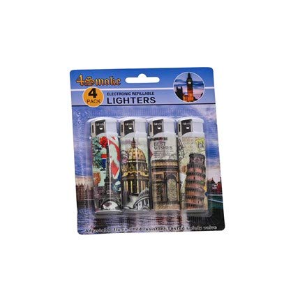 4SMOKE Electronic Safety Lighters Landmark Featured Metal Cigarette Clipper Lighters Pack of 4