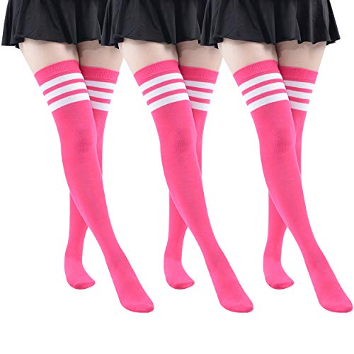 MK MEIKAN Warm Socks for Women Thigh, Cozy Over the Knee High Boot Gift Socks Cute Socks for Teen Girls Striped Socks 3 Pairs (Pink)