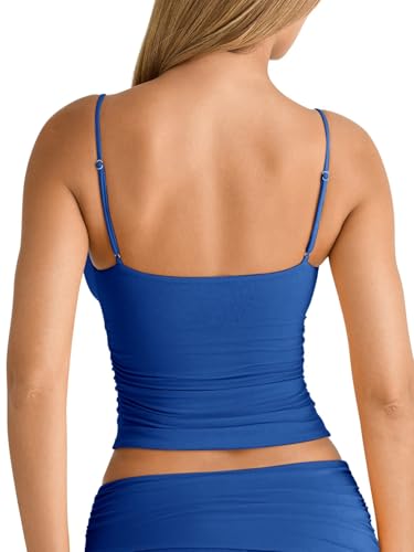 Image of PINKMSTYLE Women's Sexy V Neck Ruched Cami Top Sleeveless Spaghetti Double Layer Fitted Crop Tank Tops