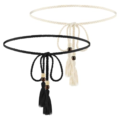 2Pcs Skinny Tassel Waist Belt with Wooden Beads for Women, Skinny Woven Waist Rope Belt Black + White Boho Braided Waist Belt Rope Chain for Thin Dresses, Skirts, and Tunics