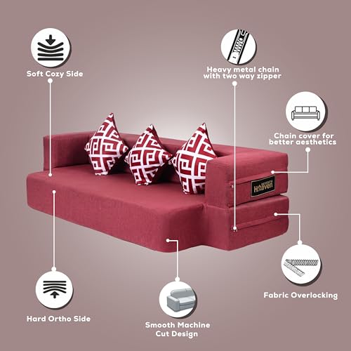 Image of Seventh Heaven 3 Seater 72x44x10, Low Floor Sofa Cum Bed Jute Fabric Fabric with 3 Cushions 3 Seater Double Foam Fold Out Sofa Cum Bed (Finish Color - Maroon Delivery Condition - Pre-Assembled)