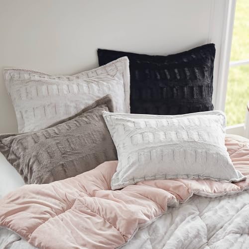 Image of Madison Park Soft Plush Comforter Long Faux Fur Design, Mid Century, Modern All Season Down Alternative Bedding Set with Matching Sham, Full /Queen, Gia, Blush /White 3 Piece