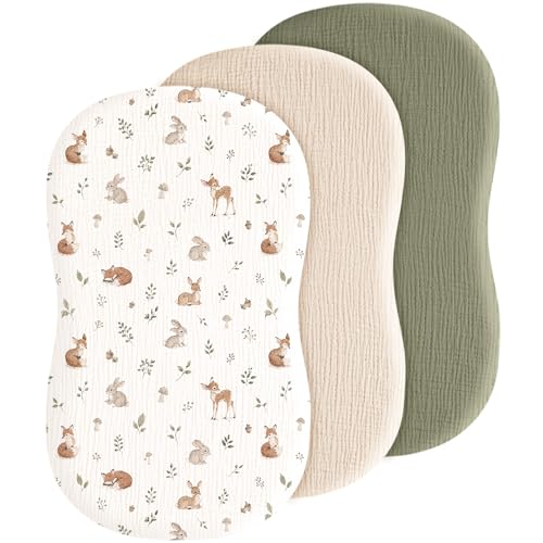 Image of Baby Muslin Bassinet Sheets 3 Pack for Boys & Girls, Soft Breathable Cotton Bassinet Mattress Cover, Universal Fit for Hourglass, Oval, and Rectangle Mattress (Woodland Sage)