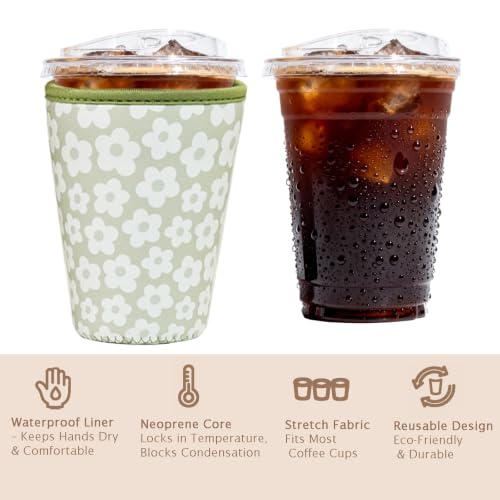Image of Reusable Insulated Sleeve for Iced Coffee Cup, 3-Pack Coffee Neoprene Drink Sleeve for Cold & Hot Drinks, Beverage Holder for Iced Coffee (Sage Florals)