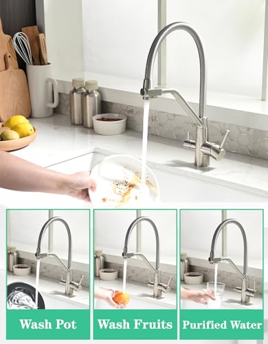 TIMACO 3 Wege Wasserhahn Küche,Küchenarmatur-360° Drehbar,mit 3 in 1 Wasserhahn für Wasserfilter,Spiralfederarmatur Trinkwasserhahn mit Doppelhebel,Hochdruck