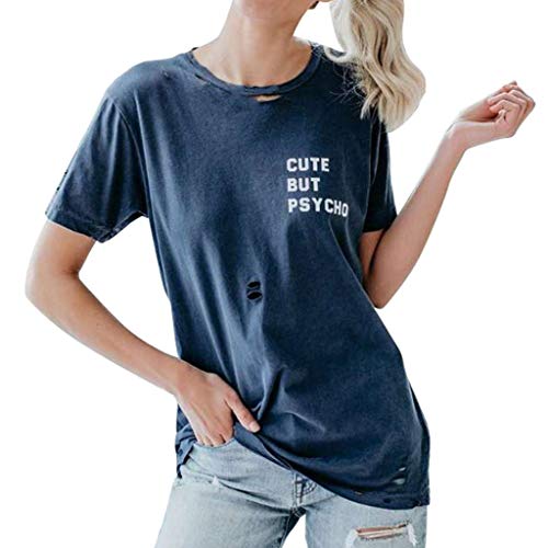 Short Sleeve Tee Blouse for Women,Amiley Womens Letter Cute But Psycho Print Blouse Broken Hole Shirt O-Neck Short Sleeve Top (X-Large, Blue)