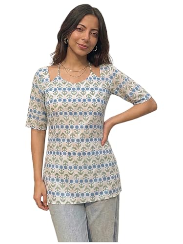 Image of ANNI Designer Women's Viscose Blend Printed Short Kurti | Straight Fit Ethnic Top with Square Neck | Bell Sleeve Indian Kurta for Office College, Party