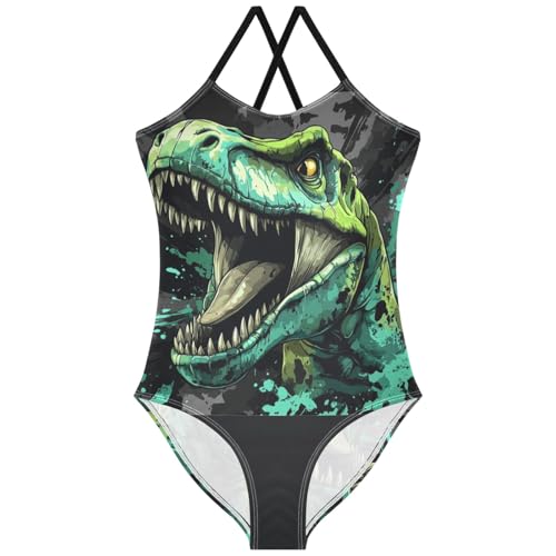 Pigsaly Girls One Piece Swimsuits Animal Jurassic Green Dinosaurs Kids Cross Back Swimwear Beach Sport Bathing Suit 3T