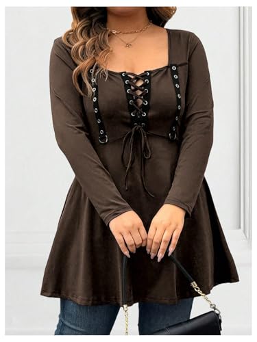 Image of SOLY HUX Women's Plus Size Peplum Tops Lace Up Square Neck Long Sleeve Ruffle Hem Tee Flowy Casual T Shirt
