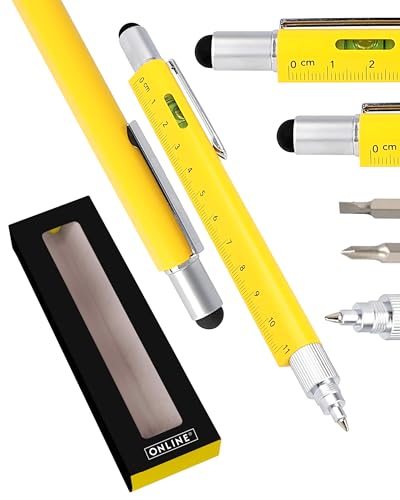Online Männer Geschenk Stift 6-in-1 Gelb I Multitool Stift mit verschiedenen Funktionen I Multifunktions-Kugelschreiber und Werkzeug I Geschenk für Vatertag, Hausbau, Handwerker, Papa