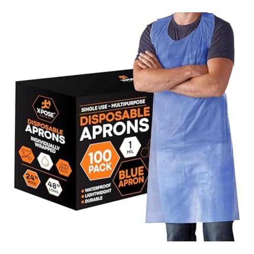 Image of Xpose Safety 48000 Pack Blue Plastic Disposable Bulk Aprons, Individually Wrapped Waterproof Polyethylene Aprons for Food Service, Cleaning, Commercial & Industrial Use, 1 Mil, 24 inch x 48 inch
