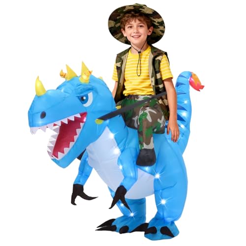 Lumiparty Inflatable Dinosaur Costume for Kids Light Up T-Rex Funny Blow Up Halloween Party Cosplay Dress Up Outfit Boys Girls Blue