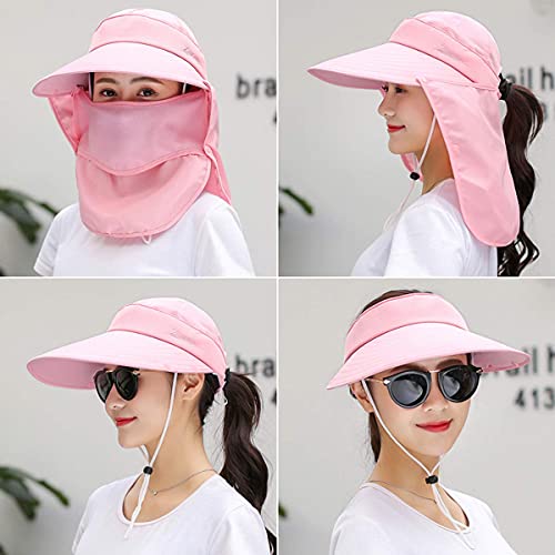Image of Women Wide Brim Face Mask Sun Hat Detachable Neck Face Flap Ponytail UV Protection Visor Hat Garden Fishing Hiking