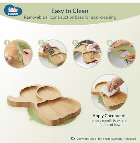 Image of Kids Station Elephant Wooden Feeding Plate with Spoon and Fork for Babies - Green | Eco-Friendly Self-Feeding Baby Tableware Set (3 pcs)