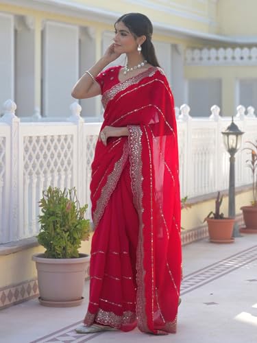 Image of Satrani Women's Shimmer Chiffon Scalloped Border Sequins Embroidery Saree with Unstitched Blouse Piece