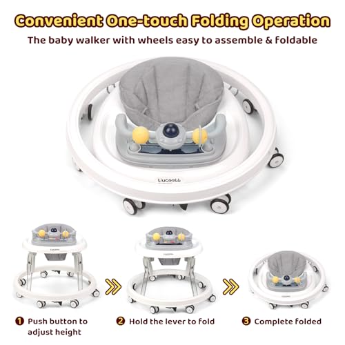 baby walker with wheelsmusic and lights baby walker for boys girls 6-12 monthsfoldable baby walkers and activity centertoddler infant walker with 7-speed height adjustmentdetachable plategray