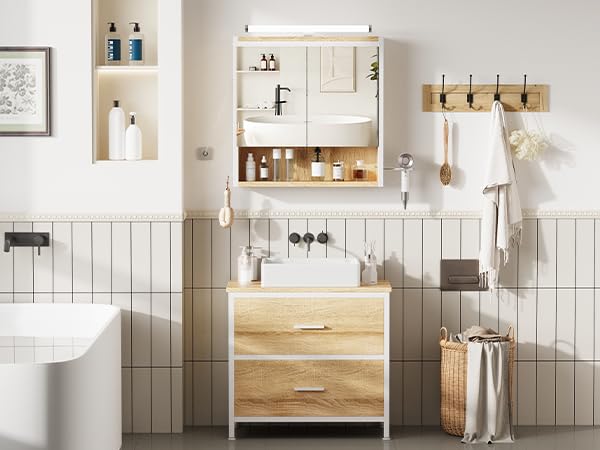 ELUCHANG Badmöbel Set 2,Waschbeckenunterschrank und Spiegelschrank Bad mit Beleuchtung,Badezimmer Set 60cm,Badezimmermöbel Komplett,Unterschrank Waschbecken mit 2 Schubladen,MDF+Metall,Oak+Weiß