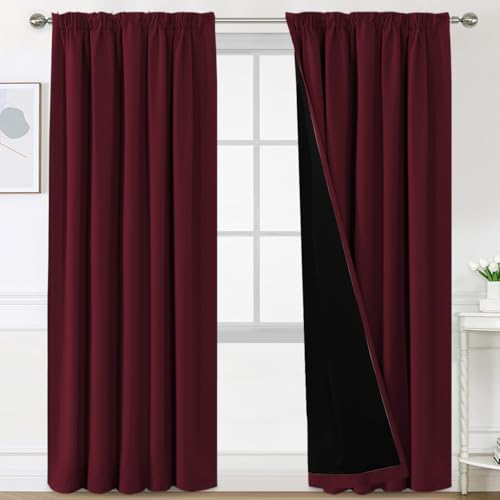 BellaHills 100% Rideau Occultant, Rideaux Occultant Thermique Isolant pour Chambre/Cuisine, Blanc Grisé,2 Panneaux,132x240 cm,Rouge Vin Foncé