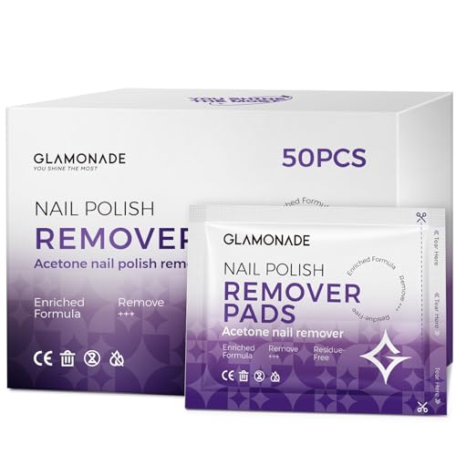 Glamonade Nail Polish Remover Pads: 50 Pack Bulk Set Acetone Nail Polish Remover Wipes Individually Wrapped - Rapidly Remove Gel Polish & Fingernail Polish Travel Kit for Home & Salon