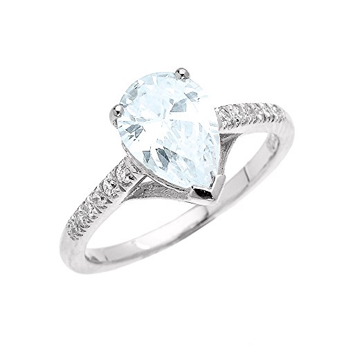 Dainty 14k White Gold Pear Shape Aquamarine and Diamond Solitaire Engagement Proposal Ring