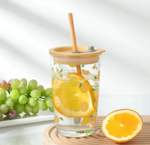 Image of Round Wave Cola Mug Can Sipper with Straw - 530ml Reusable Aesthetic Glass Tumbler for Juice, Milk, Smoothies, Iced Coffee, Tea, Water & More - Durable Drinking Cup (Printed Fruit Bottle)
