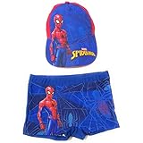 Spiderman Badeanzug für Strand oder Pool + Spiderman Cap für Kinder | Spiderman Badehose Typ Boxershorts + verstellbare Kappe Spiderman Kinder, marineblau, 8 Jahre