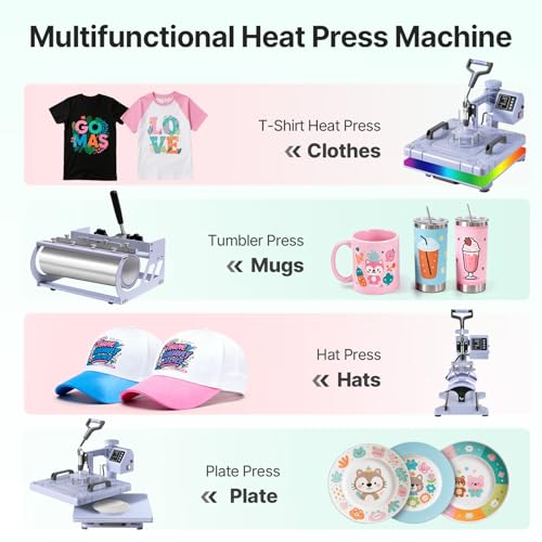 Image of Slendor Heat Press 15x15 Inch 5 in 1 Heat Press Machine with 30OZ Tumbler 360-Degree Swing Away Digital Multifunction Heat Transfer Sublimation Combo for T Shirts Mugs Hat Plate Cap, Lavender