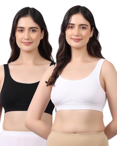 Image of Lavos Bamboo Cotton Comfort Sleeping Bra for Women, Slip On Bras to Wear at Home, Non-Padded & Non-Wired Sports Bras, Full /High Coverage, Soft Comfortable & Breathable Broad Strap Bra (Pack of 2)