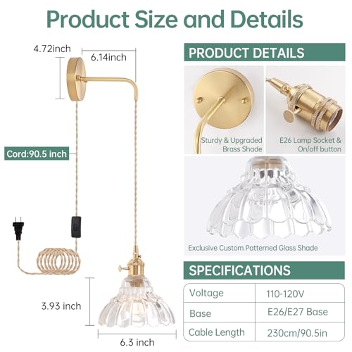 Image of Shenmoyl Vintage Wall Sconce with Clear Lily of the Valley Glass Shade Hanging Wall Sconce with 4.9FT Plug in Cord, Modern Wall Lamp Fixtures Decor for Bedside Bedroom Indoor Doorway