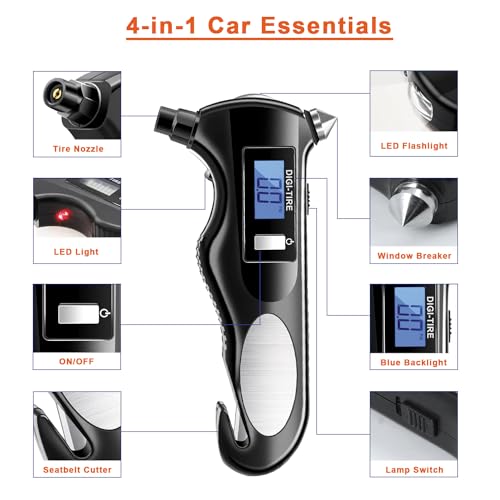 Image of ACEBON 4-in-1 Car Essentials, Window Breaker, Seat Belt Cutter, Flashlight and Tire Gauges for Tire Pressure with High Accuracy Sensor, for Car, Motorcycle, Bicycle, Orange