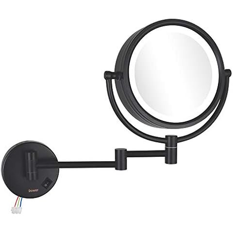 DOWRY Makeup Mirror Wall Mount Lighted with 10X Magnification, Direct Wire, 8Inch Cordless Not Batteries Operated, Shiny Black Cover