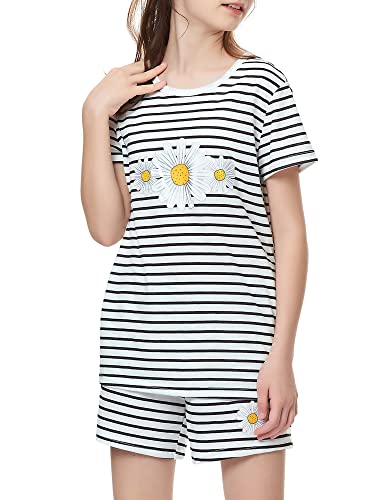 Image of Cozchique Summer Pajamas for Girls - Stripe & Glittering Heart PJS Pal Cute Jammies Set Big KidsSize 6-16