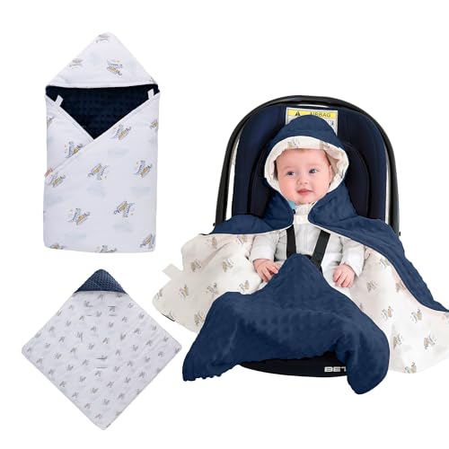 LAT Baby Car Seat Blanket,Universal Newborn Swaddling Blanket, Boy Girl Hooded Cosy Toes,Three-layer thickening Cotton Warm Baby Wrap for Pushchair, Pram, Crib, 90 x 90 cm (Dinosaur)