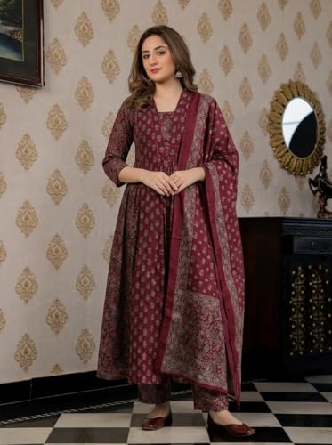 Image of ANNI Designer Women's Viscose Printed A-Line Kurta Set with Pant and Dupatta | Ethnic Wear Dress | V-Neck | 3 /4 Sleeve Indian Traditional Outfit for Women