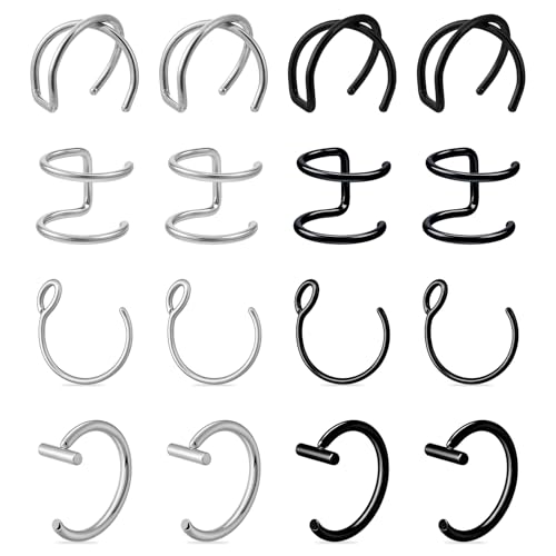 Fake Lip Piercing, 16 Pcs Stainless Steel Fake Lip Ring 8mm Faux Nose Ring Non Piercing Hoop Nose Rings for Women Men (Silver, Black)