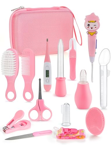 Image of Bokhot Baby Healthcare and Grooming Kit 15 in 1, Safe Baby Grooming Kit Newborn Girl Boy Essentials, Portable Baby Care Set Nursery Shower Gift for Infant Baby Registry Search (Pink)