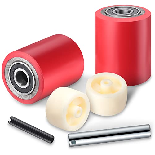 Image of Minatee 12 Pcs Pallet Jack /Truck Load Wheels Full Set 3 inch x 3.7 inch with Bearings Axles and Entry Exit Roller(Red)