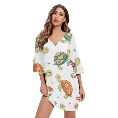 Robe hawaïenne imprimée tortues en mousseline blanche pour vos vacances et soirées d'été