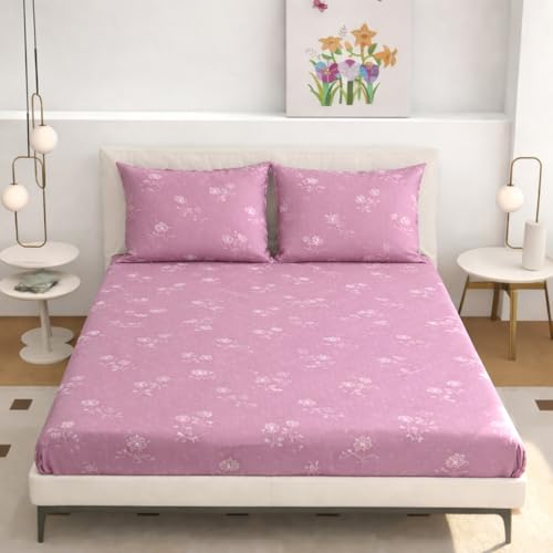 Image of Elastic Fitted King Size Bedsheet Cotton for Double Bed | 72 inchx78 inch +10 Inch, Floral, Soft & Breathable, Fade & Shrink Resistant, 2 Pillow Covers | Blush Petal Breeze, Mauve Pink