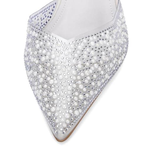 Image of YIYA Women's Clear Slingback Heels with Pearl Studded Pointed Toe Kitten Mid Heels Sparkly Rhinestone Slip On Wedding Party Shoes