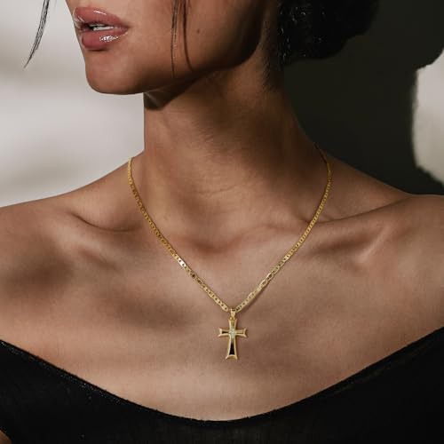 Cross Necklace for Women Gold Cross Necklaces for Women Cubic Zirconia 14K Gold Crosses Chain Necklace Pendant for Womens Mariner Chain Ribbon-Edge 48cm Womens Crosses Necklaces 24mm3