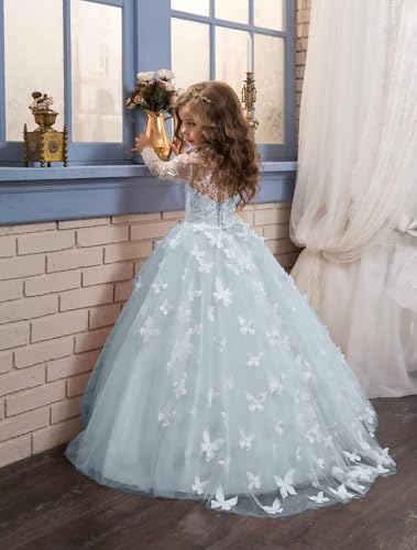 Flower Girl Dress for Wedding Long Sleeve Lace AppliquesTulle Pageant Dresses 3D Butterfly Princess Party Dresses3