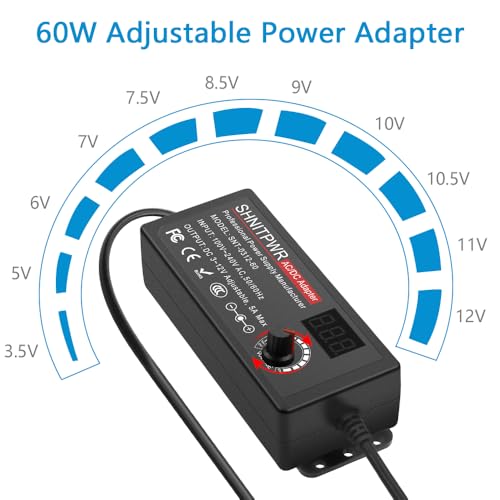 SHNITPWR 60W Universal Power Supply DC 3V 4V 4.5V 5V 6V 7V 7.5V 8V 9V 10V 11V 12V Adjustable Variable Power Adapter 100V-240V AC to DC Converter 1A 2A 2.5A 3A 4A 5A with 14 Tips & Polarity Converter