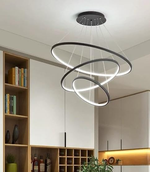 Smartway- 80W Three Ring, Chandelier for Living Room Modern, Smart Voice Assist (Google, Alexa), App Control