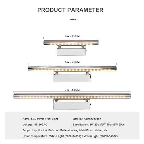Aplique LED de pared de acero inoxidable con interruptor para el espejo del baño 6