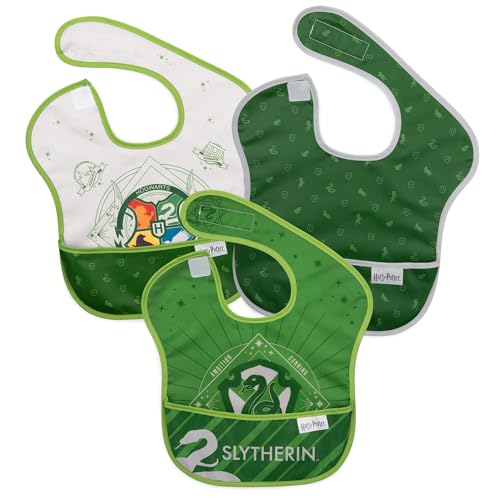 Image of Bumkins Bibs for Girl or Boy, SuperBib Baby and Toddler for 6-24 Months, Essential Must Have for Eating, Feeding, Baby Led Weaning, Mess Saving Waterproof Soft Fabric, 3-pk Harry Potter Slytherin