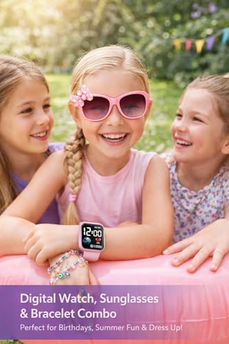 Image of ALNA-TURA Combo Gift For Kids Girls | Pink LED Digital Watch, Cute Pink Sunglasses & Beaded Bracelet | Stylish Fashion Accessories Kit for Baby Childrens | Best Birthday Return Gift Toy Set For Age 3 to 12 Years