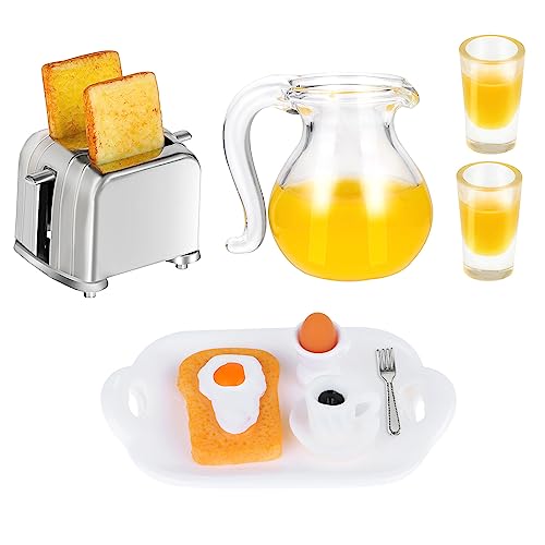 Cobee Juego de escena de desayuno en miniatura de casa de muñecas, 14 piezas 1:12, accesorios de cocina, mini modelo de comida, decoración de pastel para casa de muñecas, juego de simulación